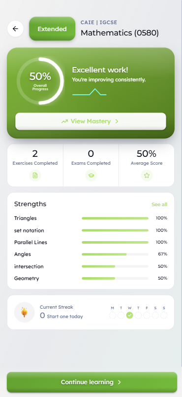 La app móvil de The Practice Book: panel de Mathematics IGCSE 0580 Extended con progreso de dominio, desglose de fortalezas y racha.